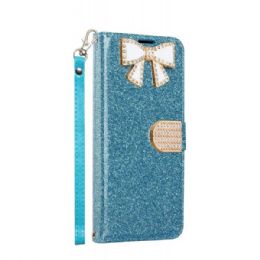 12 Wholesale Ribbon Bow Crystal Diamond Wallet Case For Samsung Galaxy Note 9 Light Blue