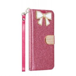 12 Wholesale Ribbon Bow Crystal Diamond Wallet Case For Samsung Galaxy Note 9 Hot Pink