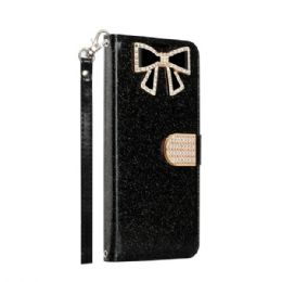 12 Wholesale Ribbon Bow Crystal Diamond Wallet Case For Samsung Galaxy Note 10 Black