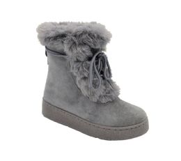 12 Wholesale Women Faux Fur Winter Bow Ankle Boots Color Grey Size 5-10