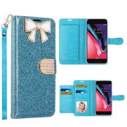 12 Wholesale Ribbon Bow Crystal Diamond Wallet Case For Apple Iphone 8 Plus 7 Plus In Light Blue