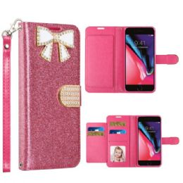 12 Wholesale Ribbon Bow Crystal Diamond Wallet Case For Apple Iphone 8 Plus 7 Plus In Hot Pink