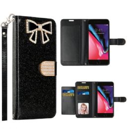 12 Wholesale Ribbon Bow Crystal Diamond Wallet Case For Apple Iphone 8 Plus 7 Plus In Black