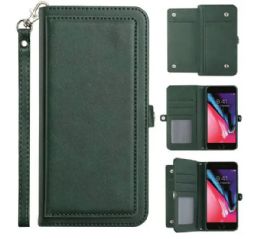 12 Wholesale Premium Pu Leather Folio Wallet Front Cover Case With Card Holder Slots And Wrist Strap In Green