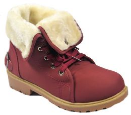 12 Wholesale Women Faux Fur Winter Bow Ankle Boots Color Wine Size 5-10