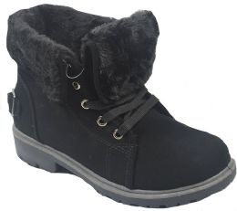 12 Wholesale Women Faux Fur Winter Bow Ankle Boots Color Black Size 6-11