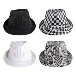 24 pieces Fedora Hat 4ast Black & White Striped/checkered/zebra Print Black Party Hangtag - Costumes & Accessories