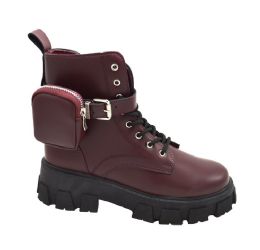 12 Wholesale Women Biker Boots Leather Chunky Heel Combat Military Fashion Winter Booties Color Wine Assorted Size