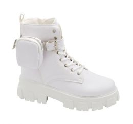 12 Wholesale Women Biker Boots Leather Chunky Heel Combat Military Fashion Winter Booties Color White Assorted Size
