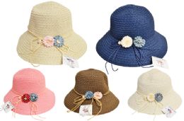 12 Wholesale Straw Bucket Hat With Flowers