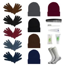 24 of 24 Set Wholesale Bundle For Personal Use, Homeless, Charity, And Travel - Bulk Case Of 24 Beanies, 24 Pairs Of Gloves, 24 Pairs Of Socks, 24 Hygiene Kits