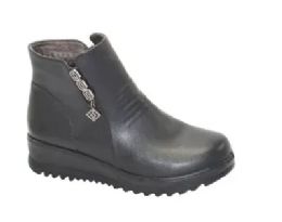 12 Wholesale Woman Comfortable Leather Ankle Boots Color Black Size 7-11