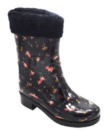 12 Wholesale Womens Rain Boots Flowers Designed Lightweight Color Black Size 5-10
