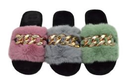 36 Pieces Women Faux Fox Fur Furry Slides Fluffy Slippers Assorted Size And Color - Women's Slippers
