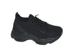 12 Wholesale Women's Sneakers, Breathable, Fashion Rhinestones, Light And Comfortable Shoes In Black Assorted Size