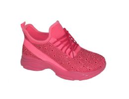 12 Wholesale Women's Sneakers, Breathable, Fashion Rhinestones, Light And Comfortable Shoes In Fushcia Assorted Size