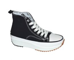 12 Wholesale Womens Mid Top Canvas Lace Up Sneakers In Black