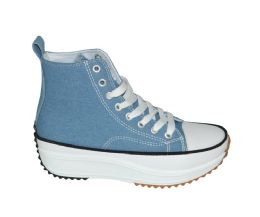 12 Wholesale Womens Mid Top Canvas Lace Up Sneakers In Jeans