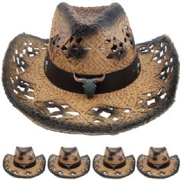 12 Wholesale Brown Hollow Straw Bull Band Beach Cowboy Hat