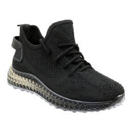 12 Pairs Big Kid's Clear Sole Knitted Jogger In Black - Boys Sneakers