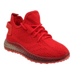 12 Pairs Big Kid's Clear Sole Knitted Jogger In Red - Boys Sneakers