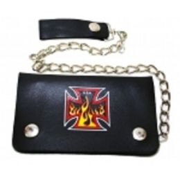 2 Pieces Small Flaming Maltese Cross Bi Fold Chain Wallet - Leather Purses and Handbags