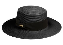 6 Wholesale Braid Paper Straw Boater Hats With Black Band In Black