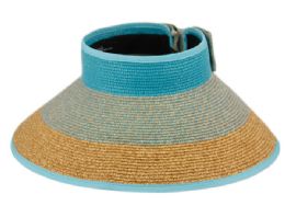 12 Wholesale Packable Braid Paper Straw Visor In Mix Turquoise Color