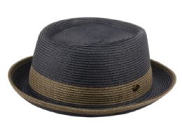 12 Pieces Poly Braid Pork Pie Hats With Color Band In Navy And Charcoal - Fedoras, Driver Caps & Visor