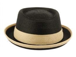 12 Pieces Poly Braid Pork Pie Hats With Color Band In Black And Natural - Fedoras, Driver Caps & Visor
