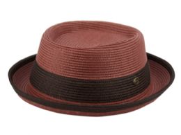 12 Wholesale Poly Braid Pork Pie Hats With Color Band In Burgandy