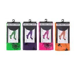 48 Wholesale Tights Girls Neon W/print 4ast Opp Bag W/insert Witch Or Spider Print