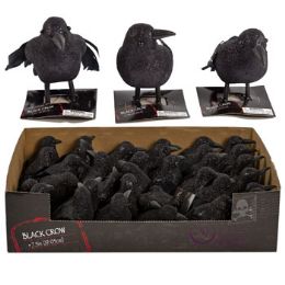 36 Wholesale Crow Black Glitter W/feather Tail 3ast 5.5/6.8in 36pc Pdq Hlwn Tcd