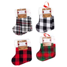 48 Wholesale Stocking Mini 2pk 7in Plaid/check 4asst Mdsg Strip Included Xmas Ht/jhook