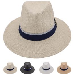 24 of Men Summer Straw Hat With Blue Strip In Assorted Color