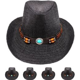 24 Wholesale Black Paper Straw Unisex Western Cowboy Hat
