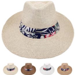 24 of Men Summer Straw Hat With Flower Strip In Assorted Color
