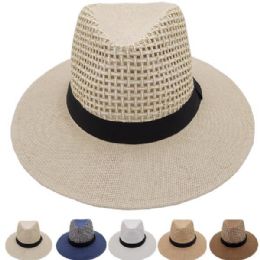 24 of Men Summer Straw Hat With Black Strip Assorted Color