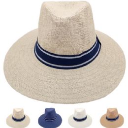 24 of Men Summer Straw Hat With Blue Strip Assorted Color