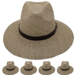 24 of Men Summer Straw Hat With Black Strip Assorted Color