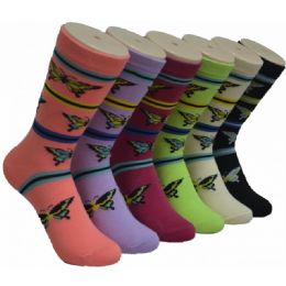 360 Wholesale Ladies Assorted Fun Butterfly Printed Crew Socks Size 9-11