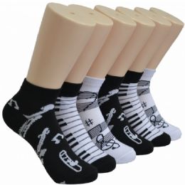 480 Wholesale Women's Black White Music Notes Piano Keys Instruments Ankle Low Cut Socks