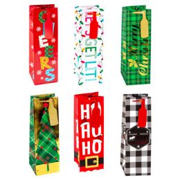 72 Wholesale Bottle Bag 6ast Christmas 4.5x4.5x14in W/ribbon Handle Shaped Tags Xmas Ht W/jhook