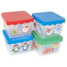 24 of Food Storage Container Christmas Square 7x7x4.7in Plastic W/4 Prints Xmas Label/3 Color Lids