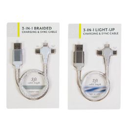 32 pieces Charging Cable 3in1 Ft Asst Braided / Light Up *5.00* - Chargers & Adapters