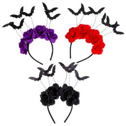 24 Wholesale Headband Flower W/dangling Batsred/purple/black Hlwn Tcd