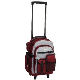 6 Wholesale Deluxe Wheeled Backpack In Burgandy Gray
