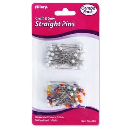 144 Pieces Pearl Head Straight Pins 50 Count 1-1/4" Color Head & 50 Count 1-1/2" White - Push Pins and Tacks