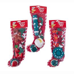 32 Wholesale Dog Toy Christmas Stocking 4pc 3 Assorted In Pdq