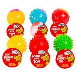 96 Wholesale Dog Toy Ball W/squeaker Asst Colors/ Designs Hang Tag In Pdq#gt12117
